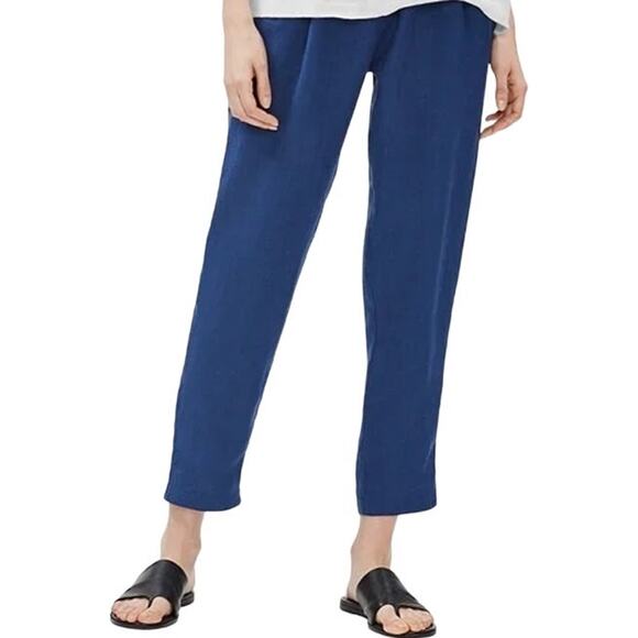 Eileen Fisher Crepe Ankle Trousers Linen Pleated Straight Leg Denim Blue Large - Picture 1 of 6